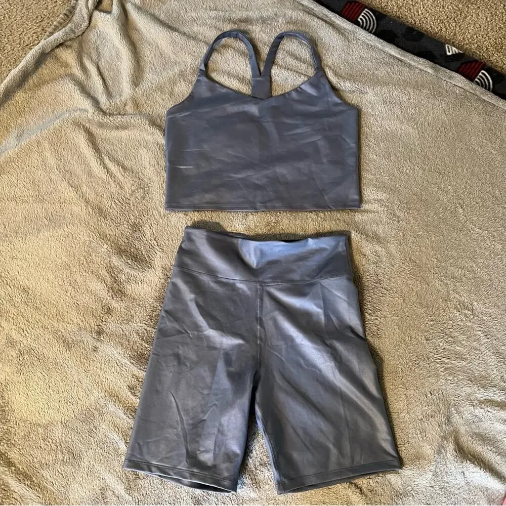 Abercrombie & Fitch Metallic Crop Top and Bike Shorts Set Athleisure Size Medium - Picture 3 of 9